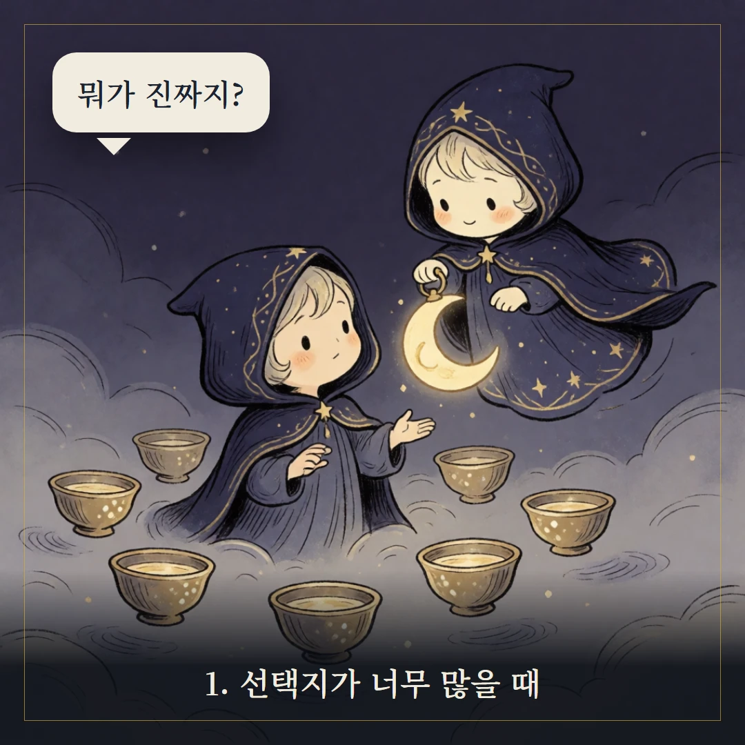 컵 7(Seven of Cups) 웹툰 1컷 — 갈림길 앞에서