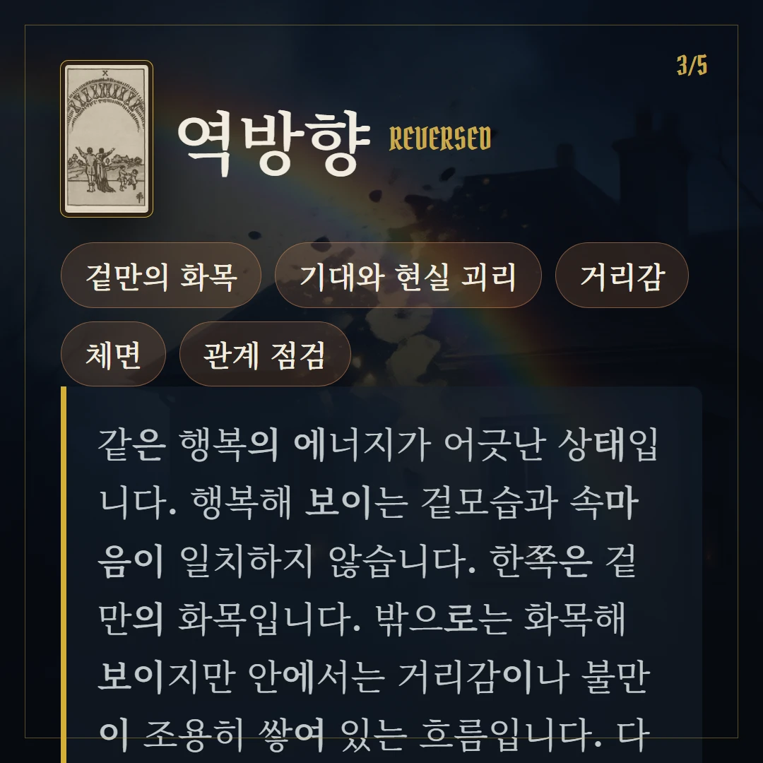 컵 10(Ten of Cups) 역방향 키워드와 의미
