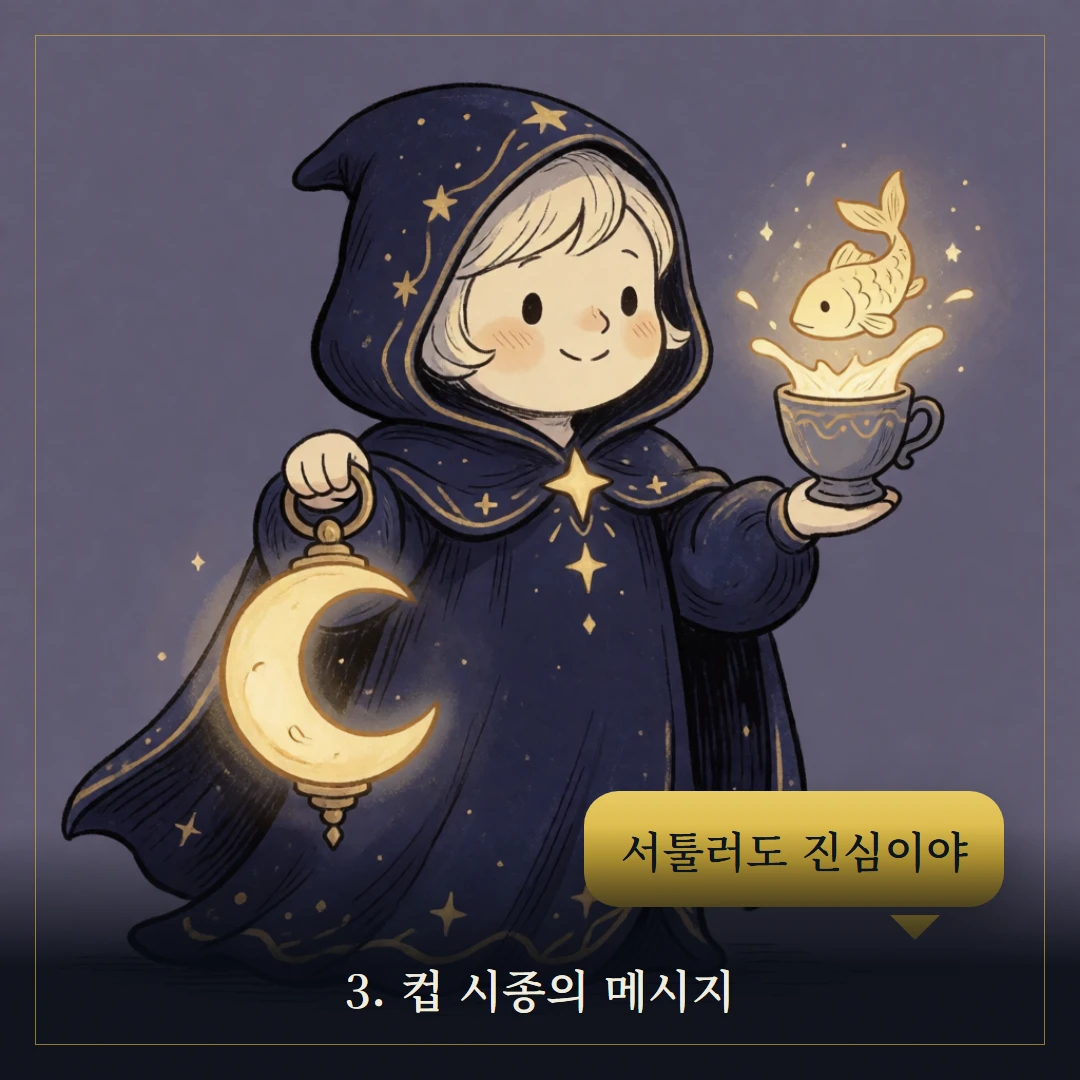 컵 시종(Page of Cups) 웹툰 3컷 — 카드의 메시지