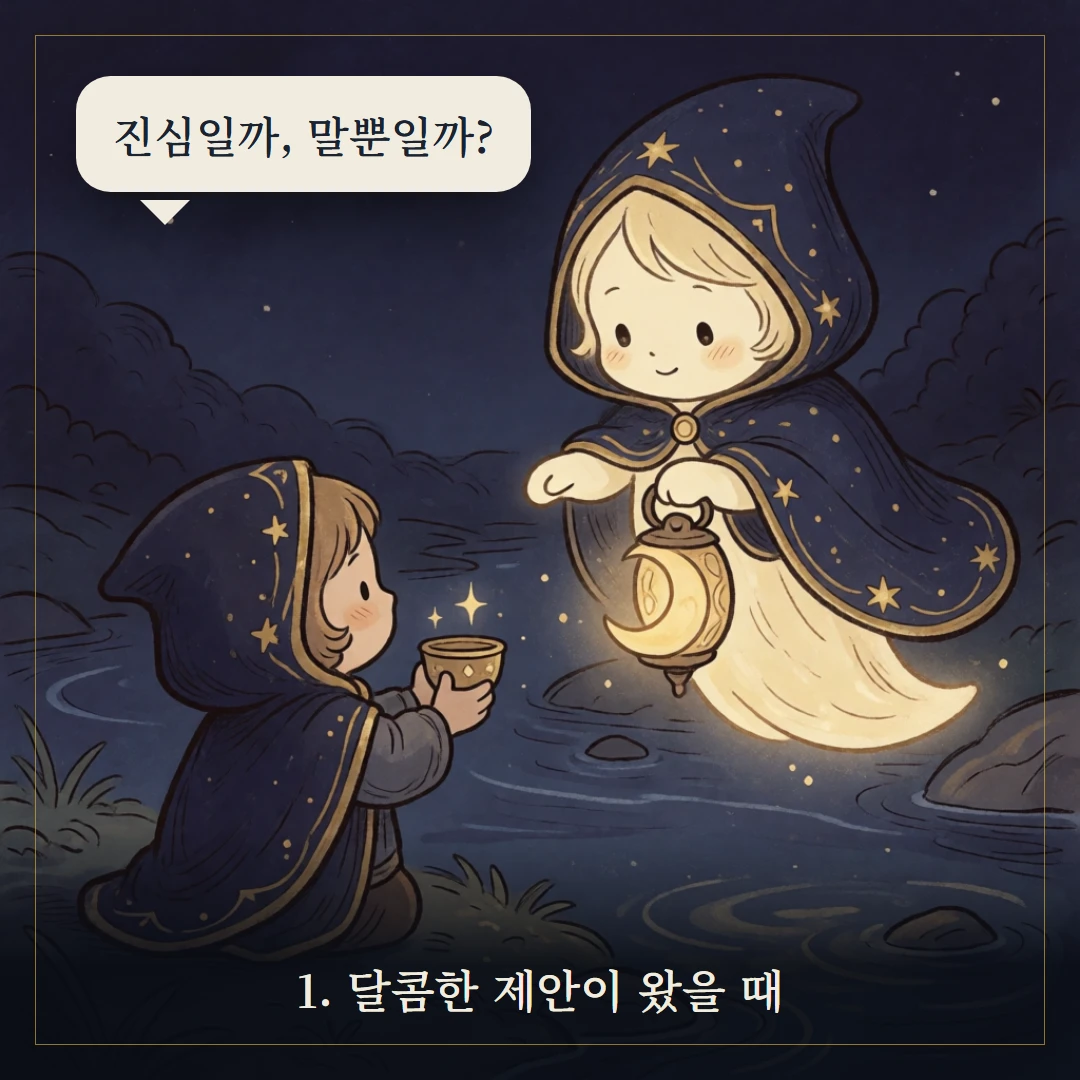 컵 기사(Knight of Cups) 웹툰 1컷 — 갈림길 앞에서