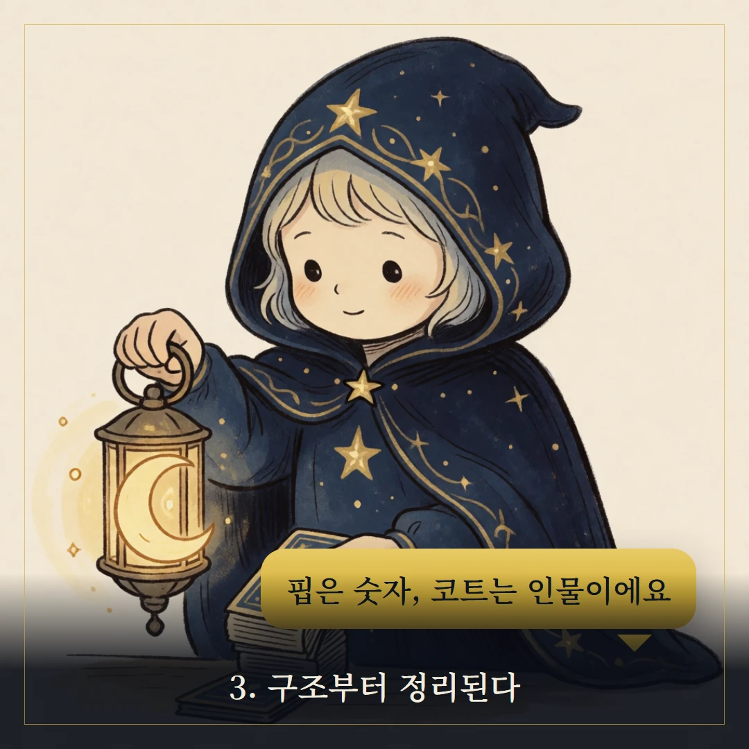타로 용어집 — 아르카나부터 켈틱크로스까지 한눈에 웹툰 3컷