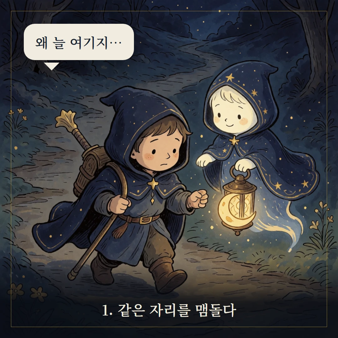 운명의 수레바퀴(Wheel of Fortune) 웹툰 1컷 — 갈림길 앞에서