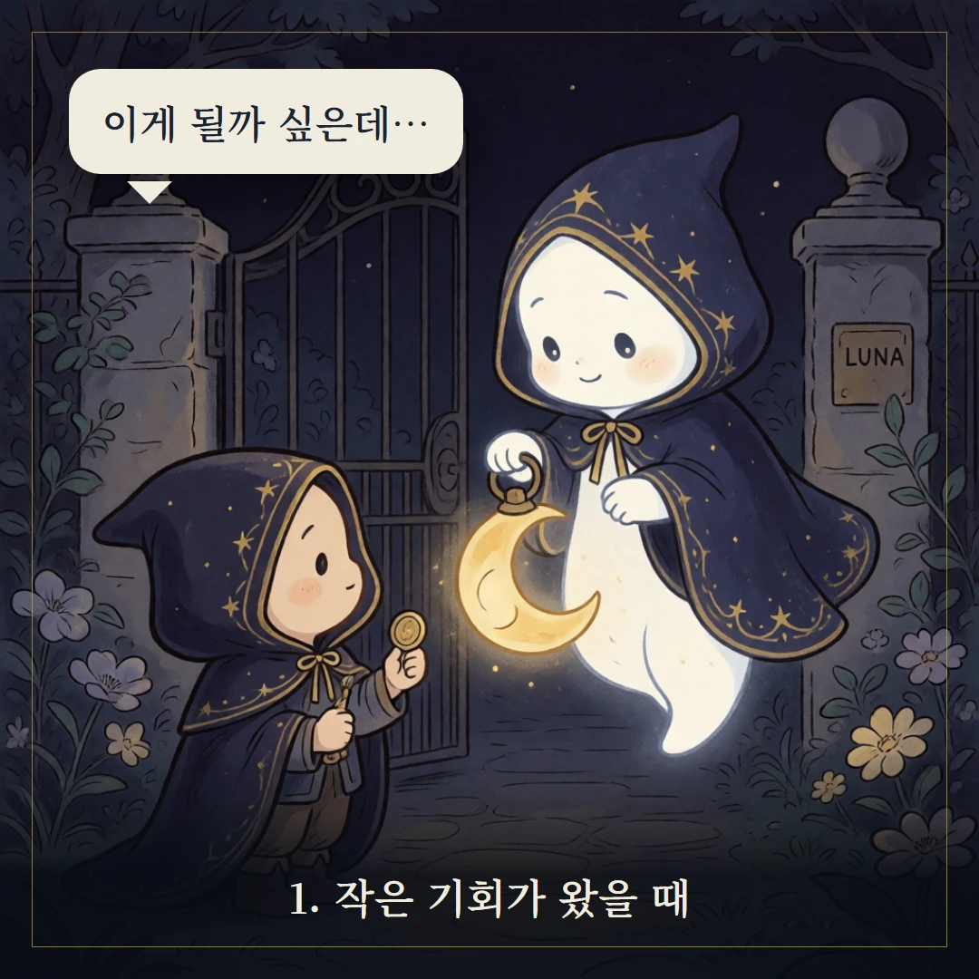 펜타클 에이스(Ace of Pentacles) 웹툰 1컷 — 갈림길 앞에서