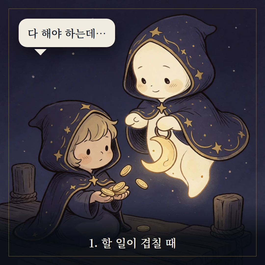 펜타클 2(Two of Pentacles) 웹툰 1컷 — 갈림길 앞에서