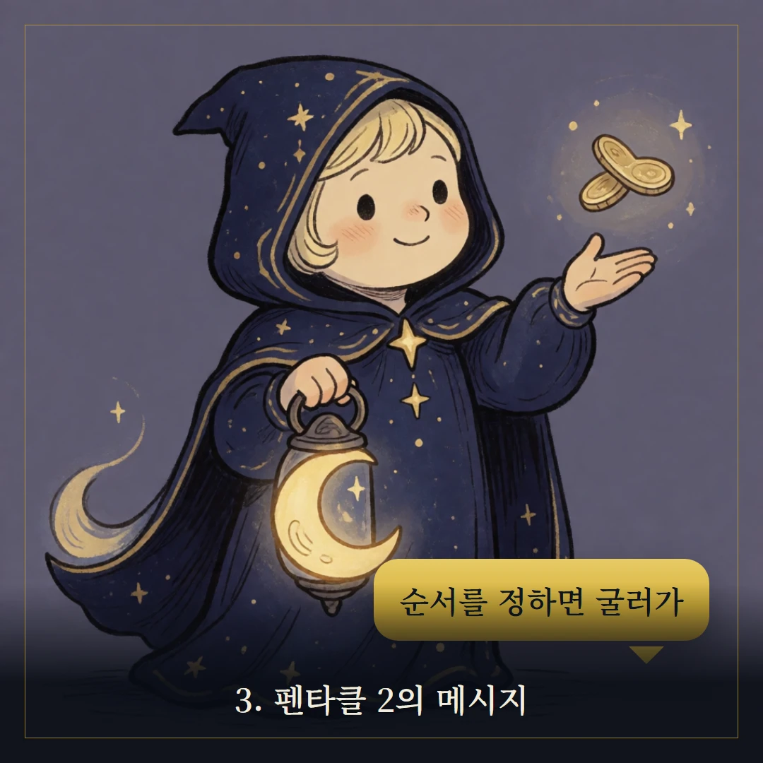 펜타클 2(Two of Pentacles) 웹툰 3컷 — 카드의 메시지
