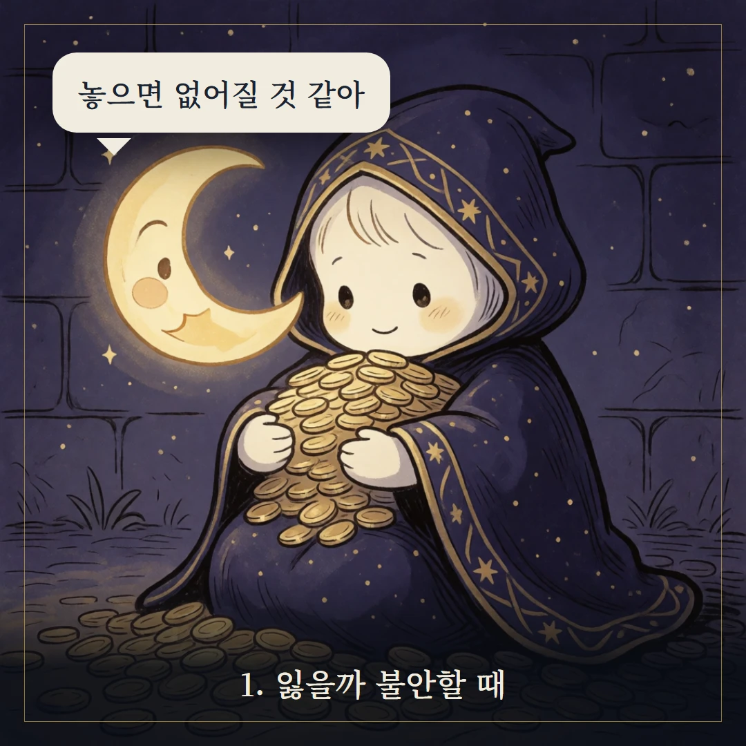펜타클 4(Four of Pentacles) 웹툰 1컷 — 갈림길 앞에서