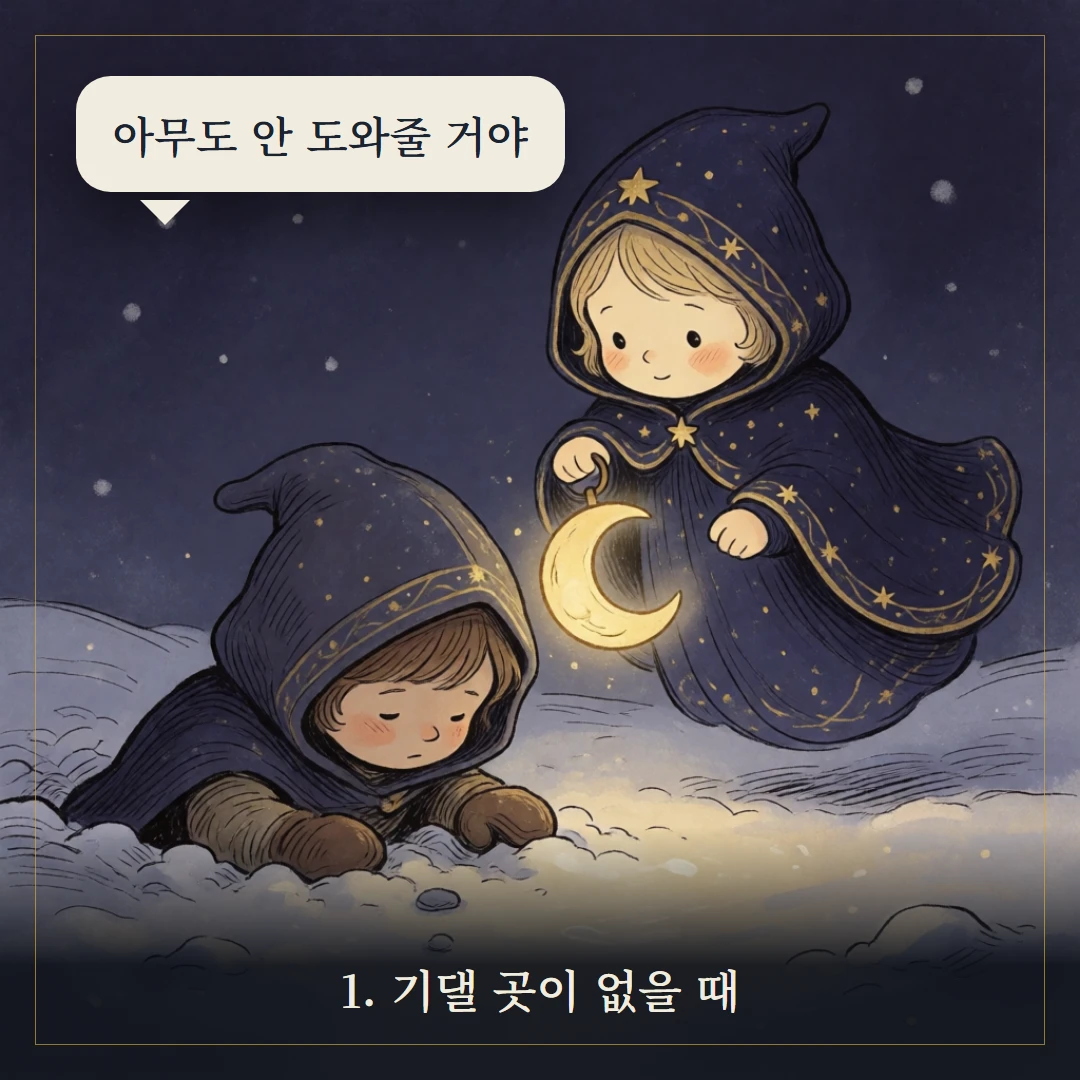 펜타클 5(Five of Pentacles) 웹툰 1컷 — 갈림길 앞에서