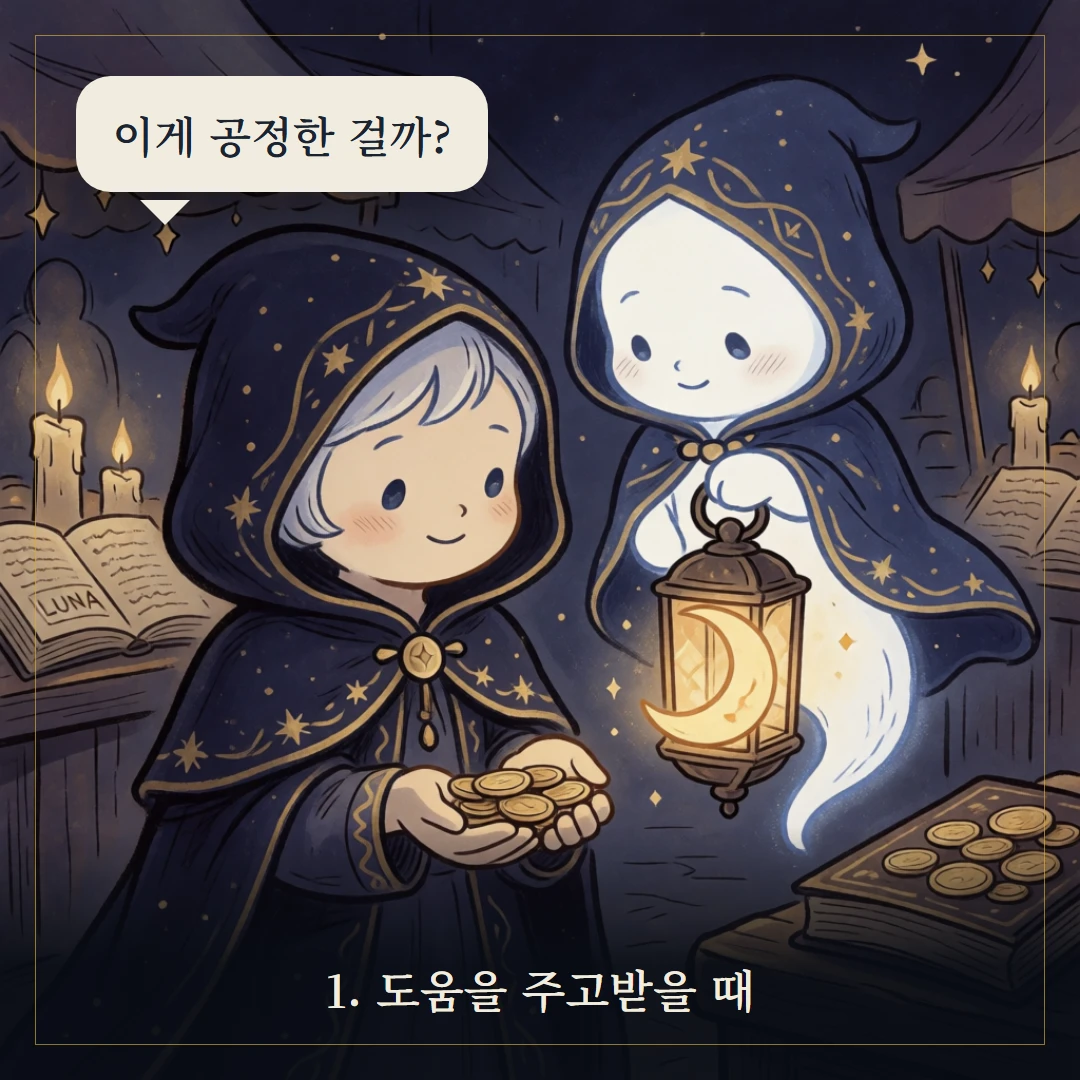 펜타클 6(Six of Pentacles) 웹툰 1컷 — 갈림길 앞에서