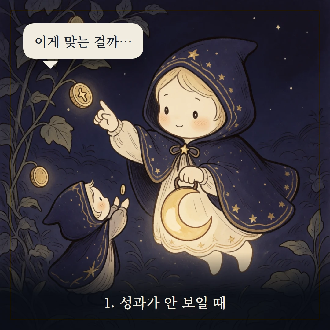 펜타클 7(Seven of Pentacles) 웹툰 1컷 — 갈림길 앞에서
