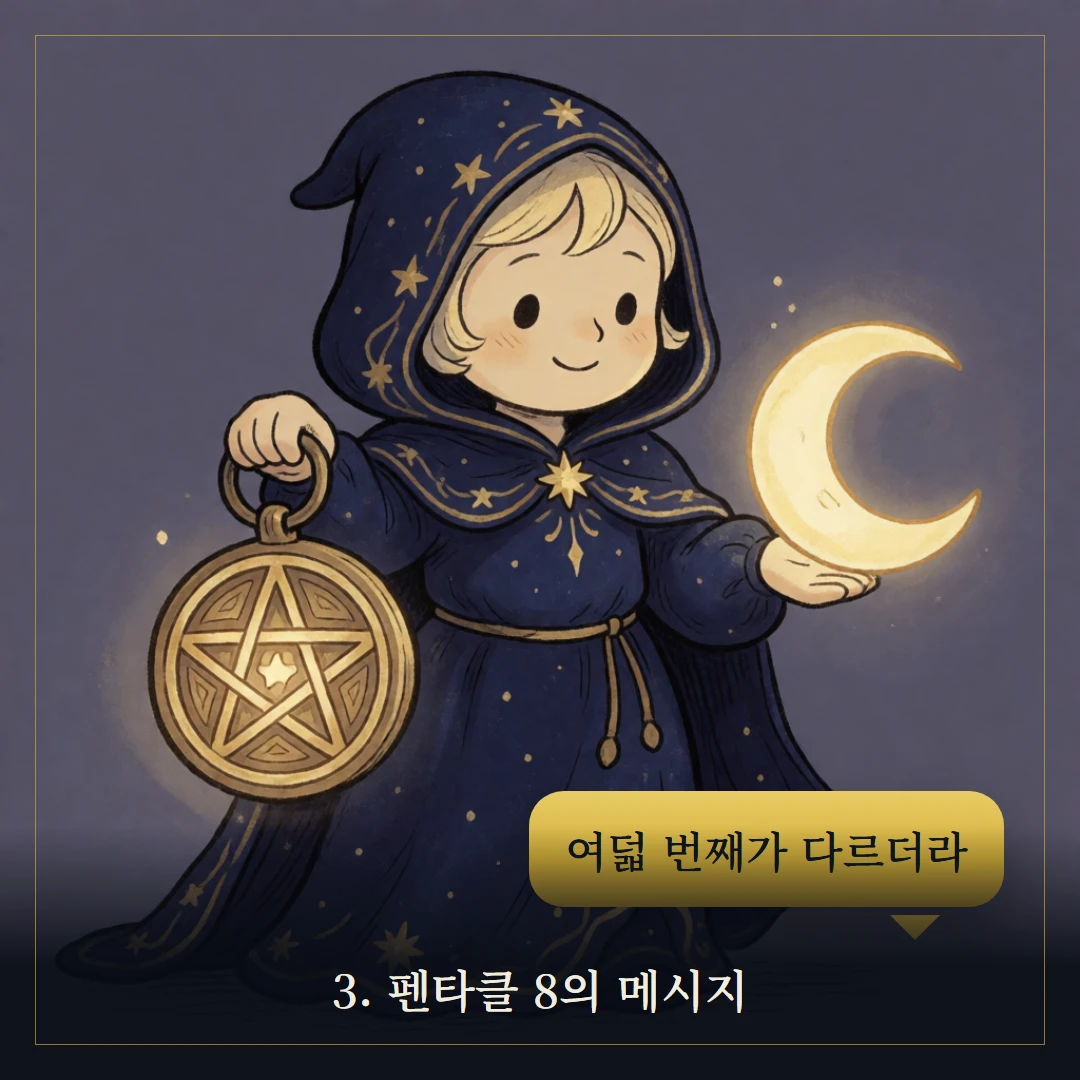 펜타클 8(Eight of Pentacles) 웹툰 3컷 — 카드의 메시지