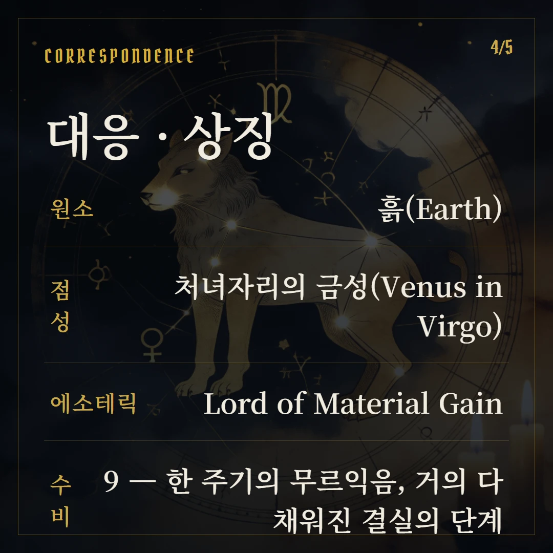 펜타클 9(Nine of Pentacles) 원소·점성·수비 대응