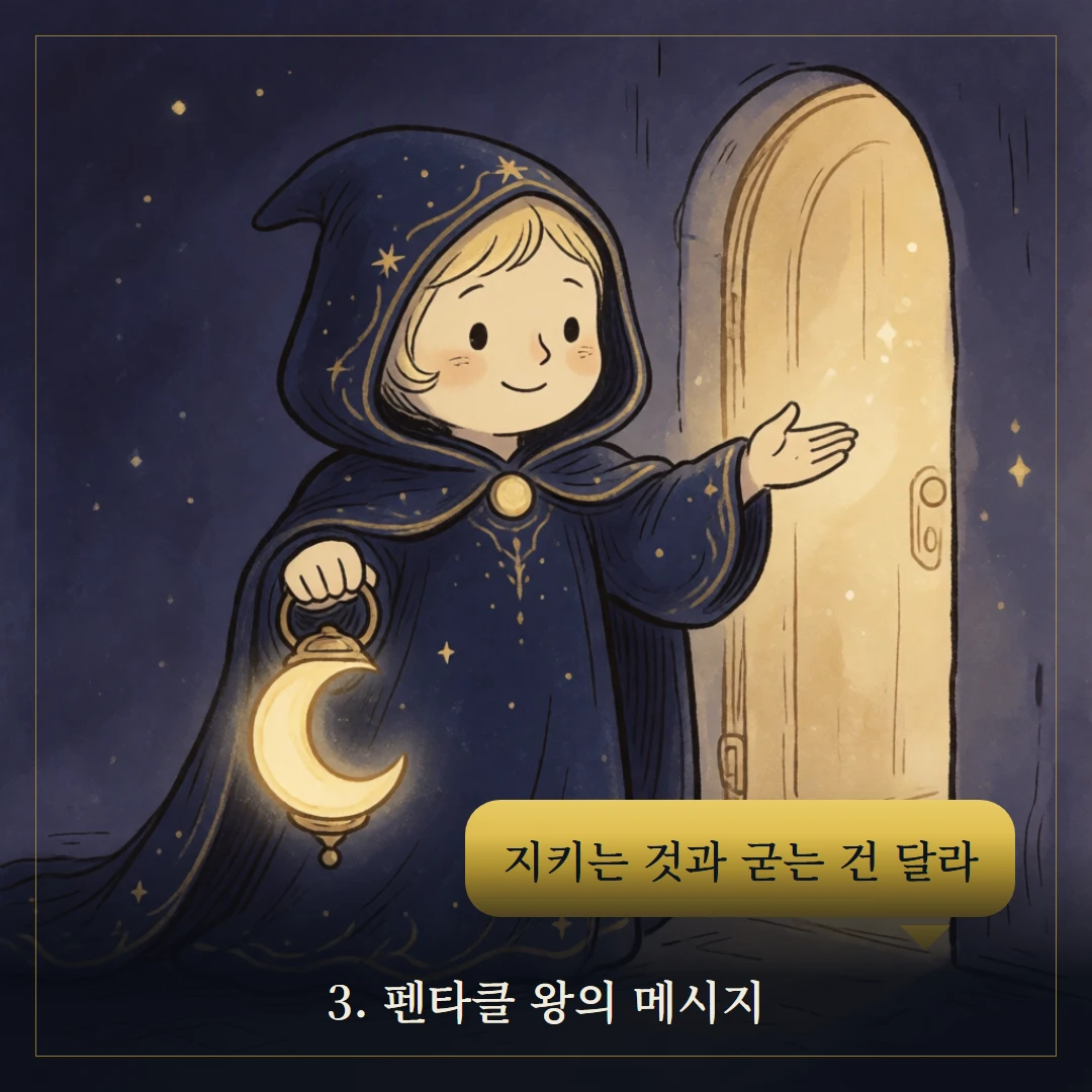 펜타클 왕(King of Pentacles) 웹툰 3컷 — 카드의 메시지
