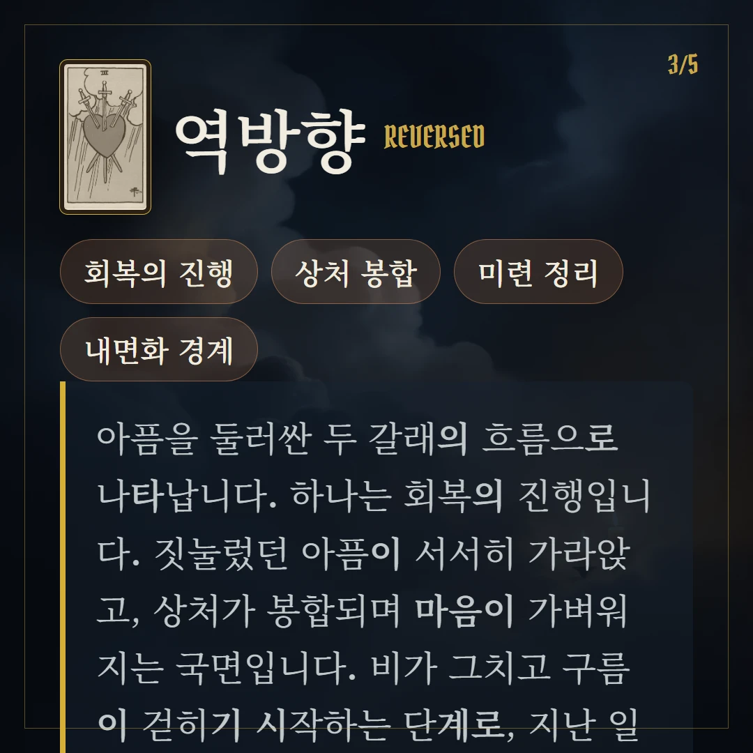 소드 3(Three of Swords) 역방향 키워드와 의미