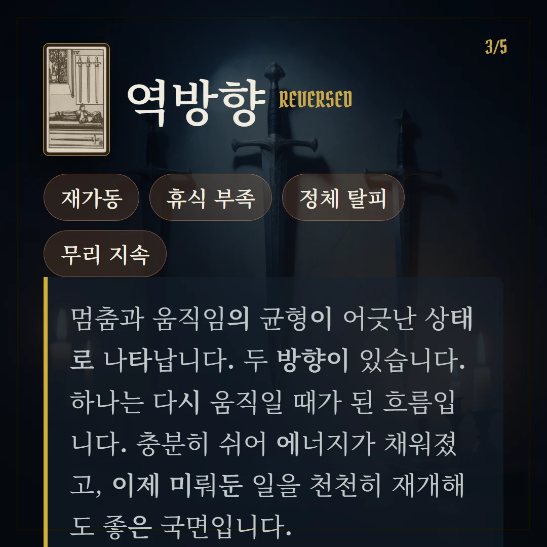 소드 4(Four of Swords) 역방향 키워드와 의미