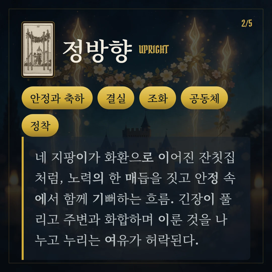완드 4(Four of Wands) 정방향 키워드와 의미