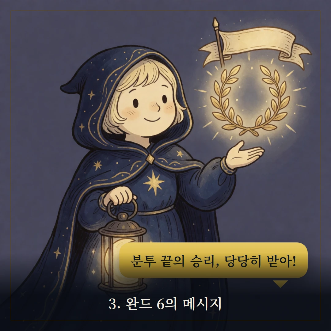 완드 6(Six of Wands) 웹툰 3컷 — 카드의 메시지